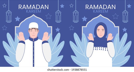 Vector Color Illustration of Muslim Ramada Holiday Celebration Family Eat Dinner Together with Blue Background Used for flat, cooking, celebration, family, table, Magazine, Greeting Card, Landing Pa