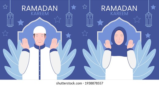 Vector Color Illustration of Muslim Ramada Holiday Celebration Family Eat Dinner Together with Blue Background Used for flat, cooking, celebration, family, table, Magazine, Greeting Card, Landing Pa