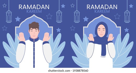 Vector Color Illustration of Muslim Ramada Holiday Celebration Family Eat Dinner Together with Blue Background Used for flat, cooking, celebration, family, table, Magazine, Greeting Card, Landing Pa