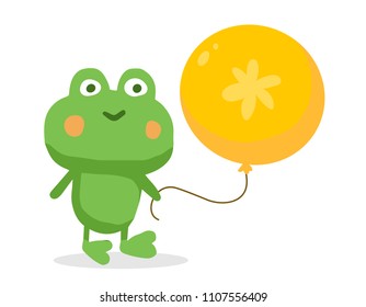 Vector color illustration of nice green cartoon frog with big yellow balloon on white background. Hand drawn flat style design for web, site, greeting card, invitation, sticker, t-shirt print