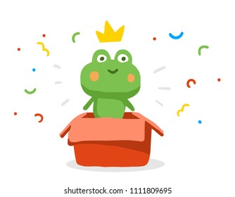 Vector color illustration of nice green cartoon frog with crown in open gift box with confetti on white background. Hand drawn flat style design for web, site, greeting card, invitation