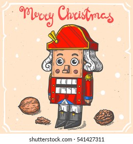 Vector color illustration of nutcracker with walnut,text Merry Christmas on background with abstract paper texture,retro frame.Christmas toy sketch.Linear art in vintage style for your design.