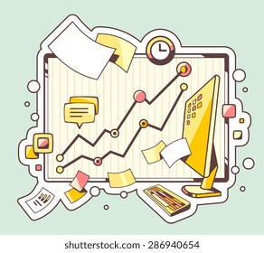 Vector color illustration of office workplace on green background. Hand draw line art design for web, site, advertising, banner, poster, board and print. 