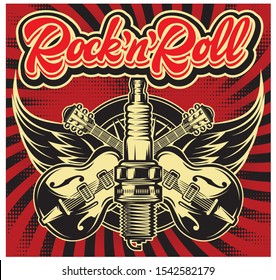 Vector color illustration on the combined theme of rock music and motorcycle.