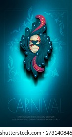 Vector color illustration on gradient background with floral decorative elements. Carnival, carnival mask, festival. Template poster, flyer, invitation to party, print.