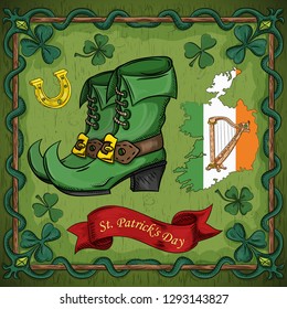 vector color illustration on St. Patricks day celebration, Irish boots shoes