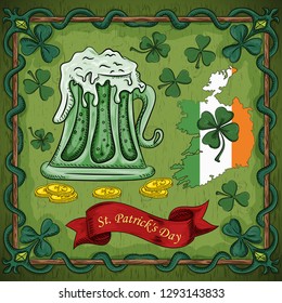 vector color illustration on St. Patricks day celebration, glass with beer foam