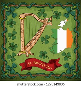 vector color illustration on St. Patricks day celebration, harp musical instrument