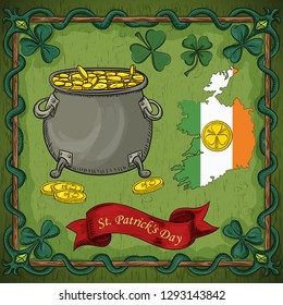 vector color illustration on St. Patricks day celebration, leprechaun pot with gold coins