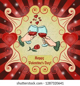 vector color illustration on the theme of Valentines day, hands, glasses of wine, a ready-made layout design, postcards, stickers and printed materials