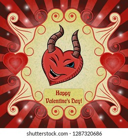 vector color illustration on the theme of Valentines day, heart with devil horns winking with the eye, ready for the layout design, postcards, stickers and printed materials