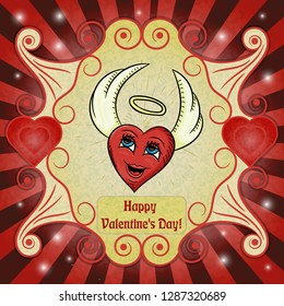 vector color illustration on the theme of Valentines day, heart with angel wings and a halo, ready for the layout design, postcards, stickers and printed materials