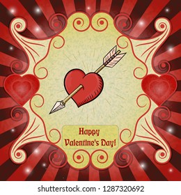 vector color illustration on the theme of Valentines day heart pierced by an arrow, ready for the layout design, postcards, stickers and printed materials