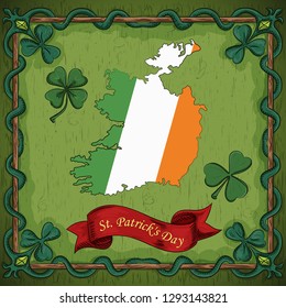 vector color illustration on the theme of St. Patricks day celebration, background with map of Ireland painted under the national flag