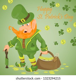 vector color illustration on the theme of St. Patricks day celebration, leprechaun with a cane holding a bag of gold coins on the background of clover leaf, in the style of flat, design of postcards