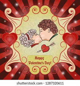 vector color illustration on Valentines day theme, kissing people, ready layout for design, postcards stickers and printed products