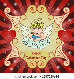 vector color illustration on Valentines day theme, Cupid with wings on the cloud, ready layout for design, postcards stickers and printed products