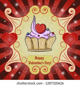 vector color illustration on Valentines day theme, sweet cake with cream and heart, ready layout for design, postcards stickers and printed products