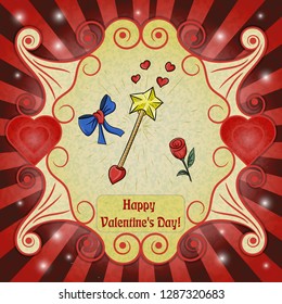 vector color illustration on Valentines day theme, magic wand with rose and bow, ready layout for design, postcards stickers and printed products