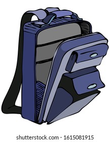 vector color illustration - open zippered laptop backpack with additional external pockets for small items