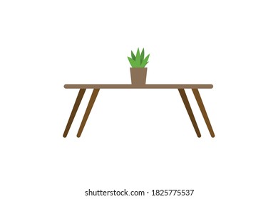 Vector color illustration of an orchid with foliage, in a pot on a wooden table with shadow.