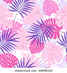 Vector color illustration of palm leaves background. Exotic seamless pattern