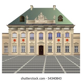 Vektorfarbige Illustration des Pod Blacha Palace in Warschau. Staatliches Museum und Ausstellungshalle in der Altstadt.