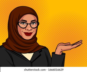 Vector color illustration in pop art style. Muslim woman in a traditional scarf and glasses shows something. Arabic successful business woman over dot background. Advertising banner