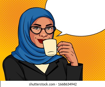 Vector color illustration in pop art style. Muslim woman in a traditional scarf and glasses is drinking coffee. Arabic successful business woman over dot background with cup of coffee in her hand