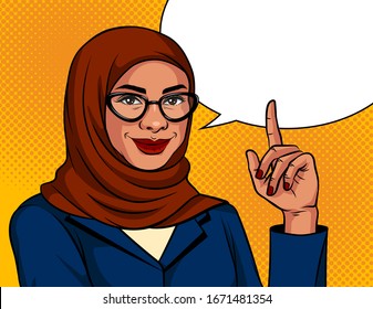 Vector color illustration in pop art style. Muslim woman in a traditional scarf and glasses is pointing finger up. Advertising banner with Arabic successful business woman over dot background