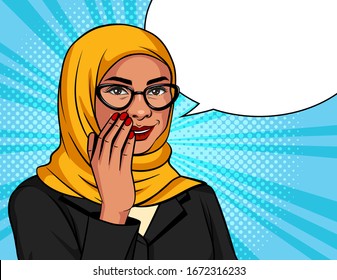 Vector color illustration in pop art style. Muslim woman in a traditional scarf and glasses is whispering. Arabic successful business woman over dot background is telling a secret information