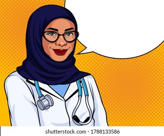 Vector color illustration in pop art style. Muslim woman doctor in traditional scarf and glasses. Arab woman nurse in uniform is standing and smiling.