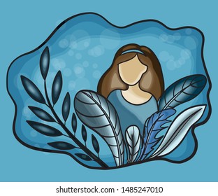 Vector color illustration portrait of a girl with her hair on a die with plants on the background