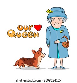 Vector color illustration of Queen Elizabeth 2 and her corgi isolated on white background svg