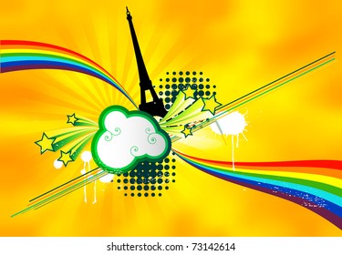 Vector color illustration. Rainbow, sun, clouds, halftone