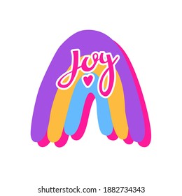Vector color illustration of a rainbow with the text - joy. Sticker. Clip art.