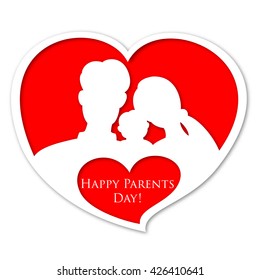 Vector color illustration of the red heart with mother, father, child and text Happy Parents Day.