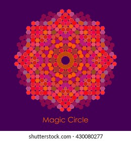 Vector color illustration of the red magic circle with polygonal ornament on the violet background.