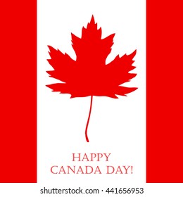 Vector color illustration of the red maple leaf and text Happy Canada Day on the flag background. Banner for celebration 1 st of July.