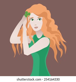 Vector color illustration of the redheaded smiling Irish woman with clover in her curly hair on the dark background. Illustration for Patricks Day, irish holidays, fashion, magazines, shops, posters.