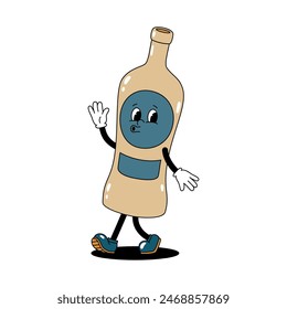 Vector color illustration of retro mascot character of walking glass vermouth bottle. Vintage style 30s, 40s, 50s old animation. Isolated on white background.