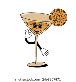 Vector color illustration of retro mascot character walking glass with cocktail and orange slice. Isolated on white background