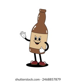 Ilustración del color del Vector de la mascota retro personaje caminando botella de vidrio de cerveza o refresco. Animación de los años 30, 40 y 50 del estilo Antiguas. Pegatina aislada sobre fondo blanco.