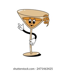 Vector color illustration of retro mascot character walking glass with cocktail and lemon zest. Isolated on white background