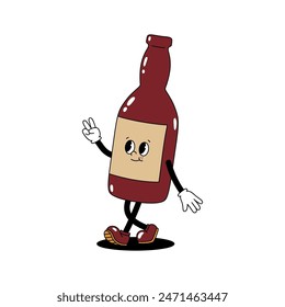 Vector color illustration of retro mascot character walking glass bottle of beer or soda. Vintage style 30s, 40s, 50s old animation. Sticker isolated on white background.