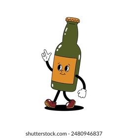 Vector color illustration of retro mascot character walking glass bottle of beer or soda. Vintage style 30s, 40s, 50s old animation. Sticker isolated on white background.