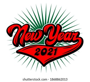 Vector color illustration in retro style on theme of New Year celebration with lettering composition and green rays. Elements for design.