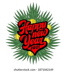 Ilustración de color vectorial en estilo retro sobre el tema de la celebración de Año Nuevo con composición de letras y ramas de abetos. Elementos para el diseño.