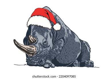 Vector color  illustration of rhino in Santa Claus hat isolated on white background, grey rhinoceros , christmas element