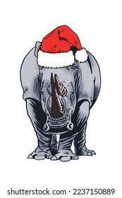 Vector color  illustration of rhino in Santa Claus hat isolated on white background, grey rhinoceros , christmas element